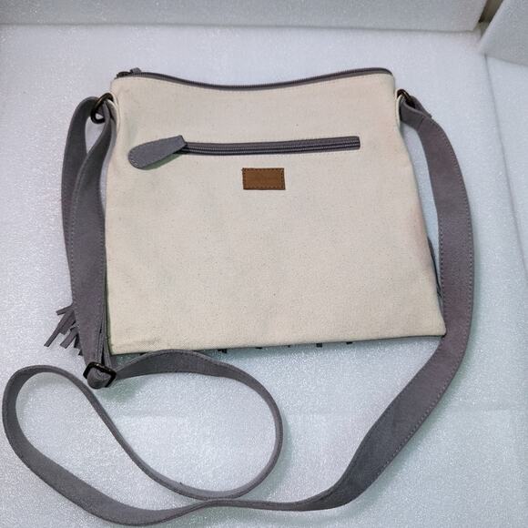 Color Dunes Canvas Crossbody purse with grey microfiber straps and grey fringe - Picture 1 of 5